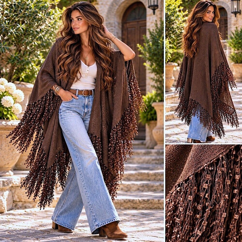 Vtg 90s Boho Fringe Shawl Wrap Brown Draped Poncho Cape Whimsigoth Side Effects
